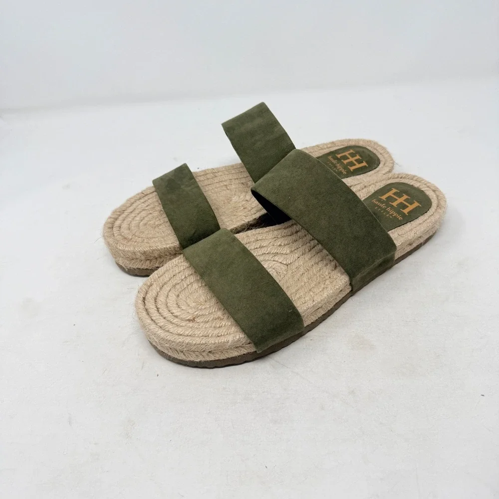 Haute Hippie Nori Espadrille Slide Sandals Suede Double Strap Olive Green‎ Flat
